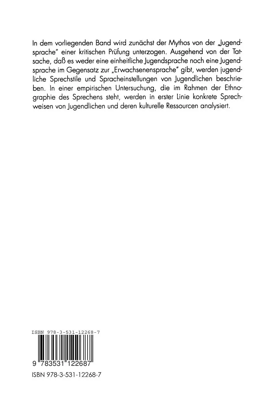 Rückseite: 9783531122687 | Jugendsprache | Fiktion und Wirklichkeit | Peter Schlobinski (u. a.)
