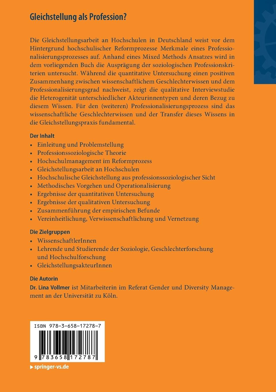 Rückseite: 9783658172787 | Gleichstellung als Profession? | Lina Vollmer | Taschenbuch | xii
