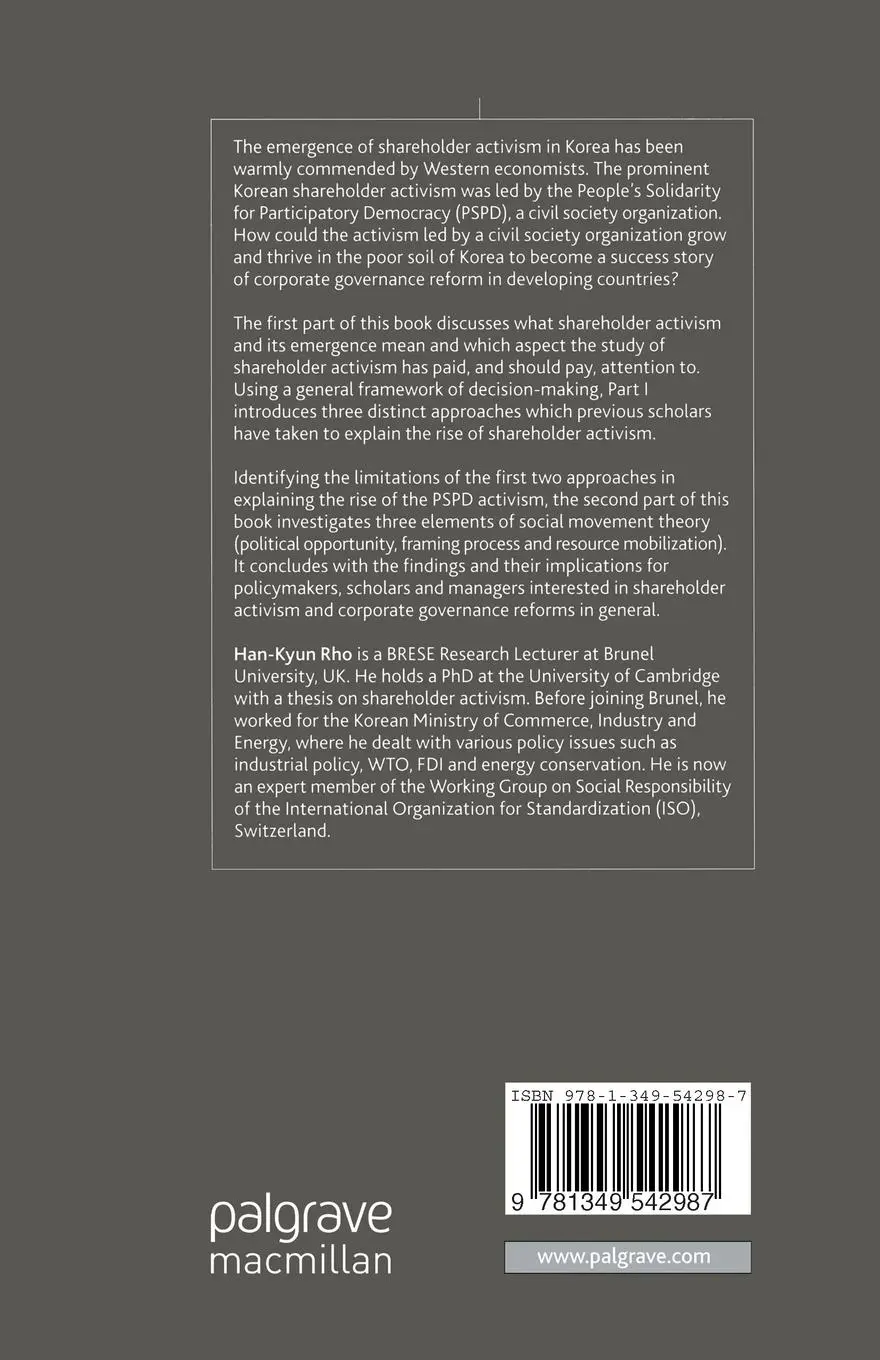 Rückseite: 9781349542987 | Shareholder Activism | Corporate Governance and Reforms in Korea | Rho