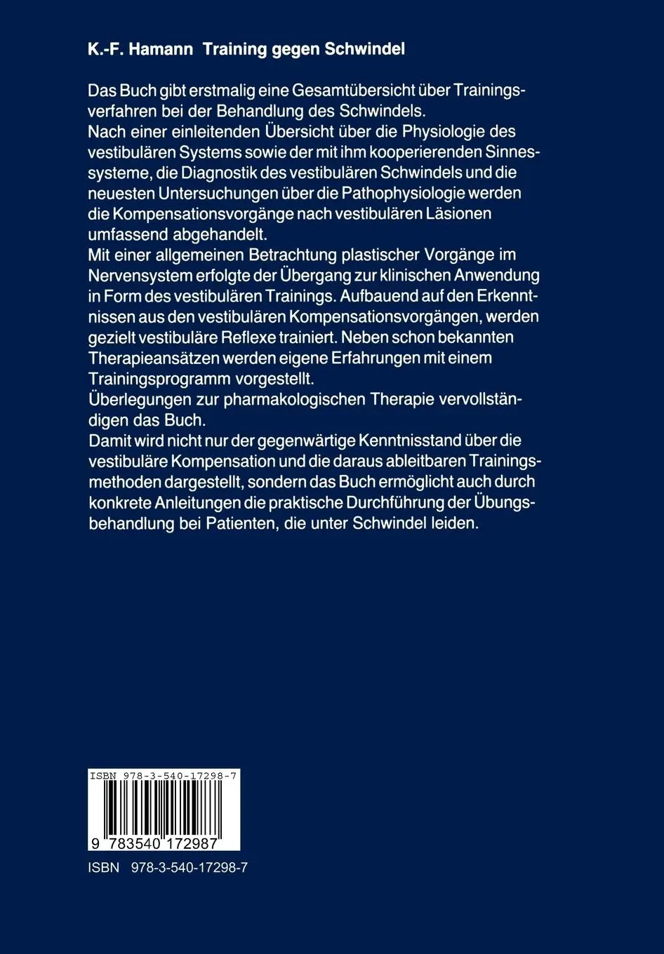 Rückseite: 9783540172987 | Training gegen Schwindel | Karl-Friedrich Hamann | Taschenbuch | x