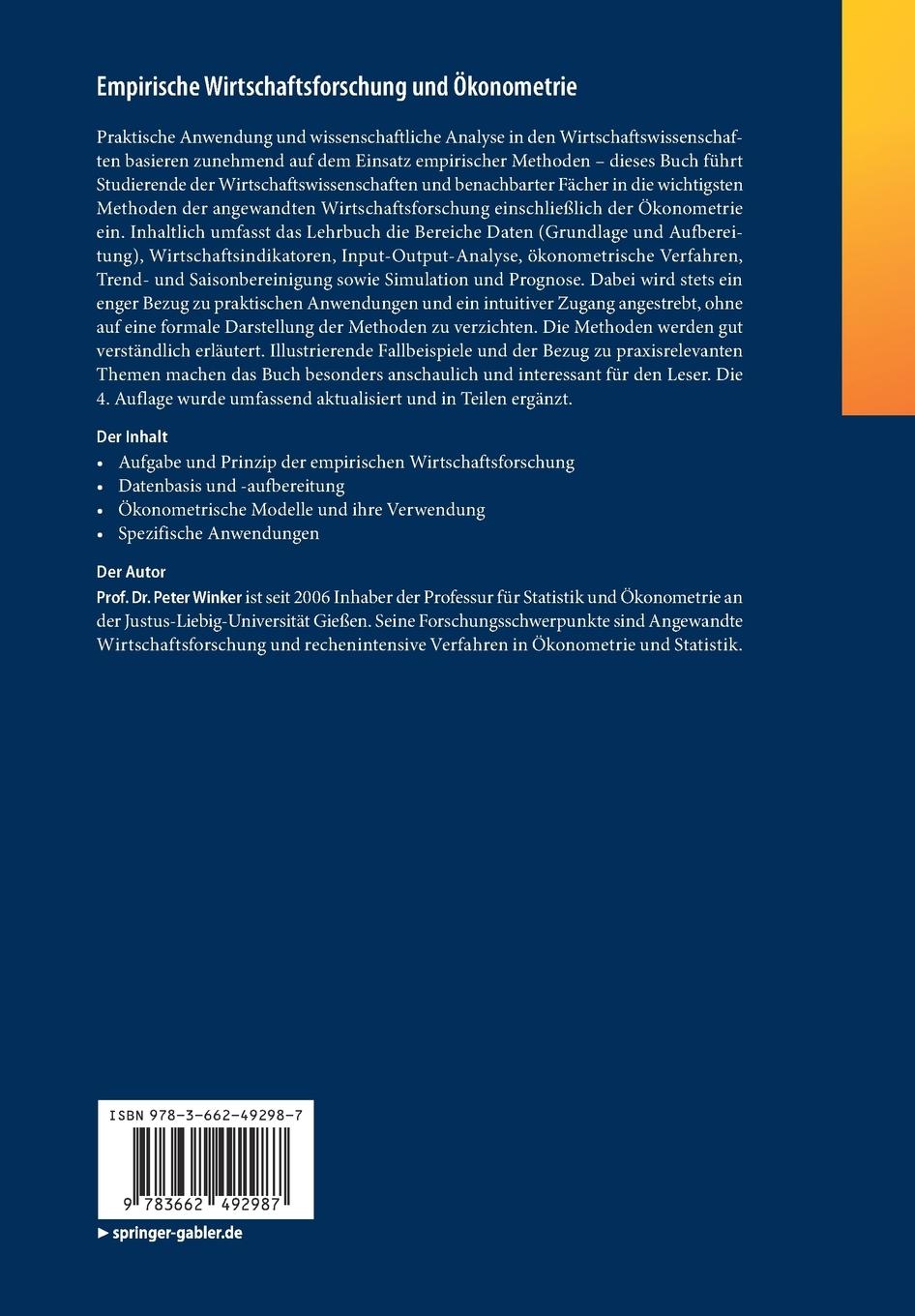 Rückseite: 9783662492987 | Empirische Wirtschaftsforschung und Ökonometrie | Peter Winker | Buch