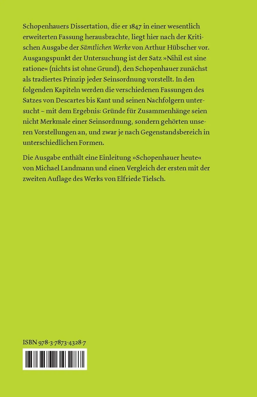 Rückseite: 9783787343287 | Über die vierfache Wurzel des Satzes vom zureichenden Grunde | Buch