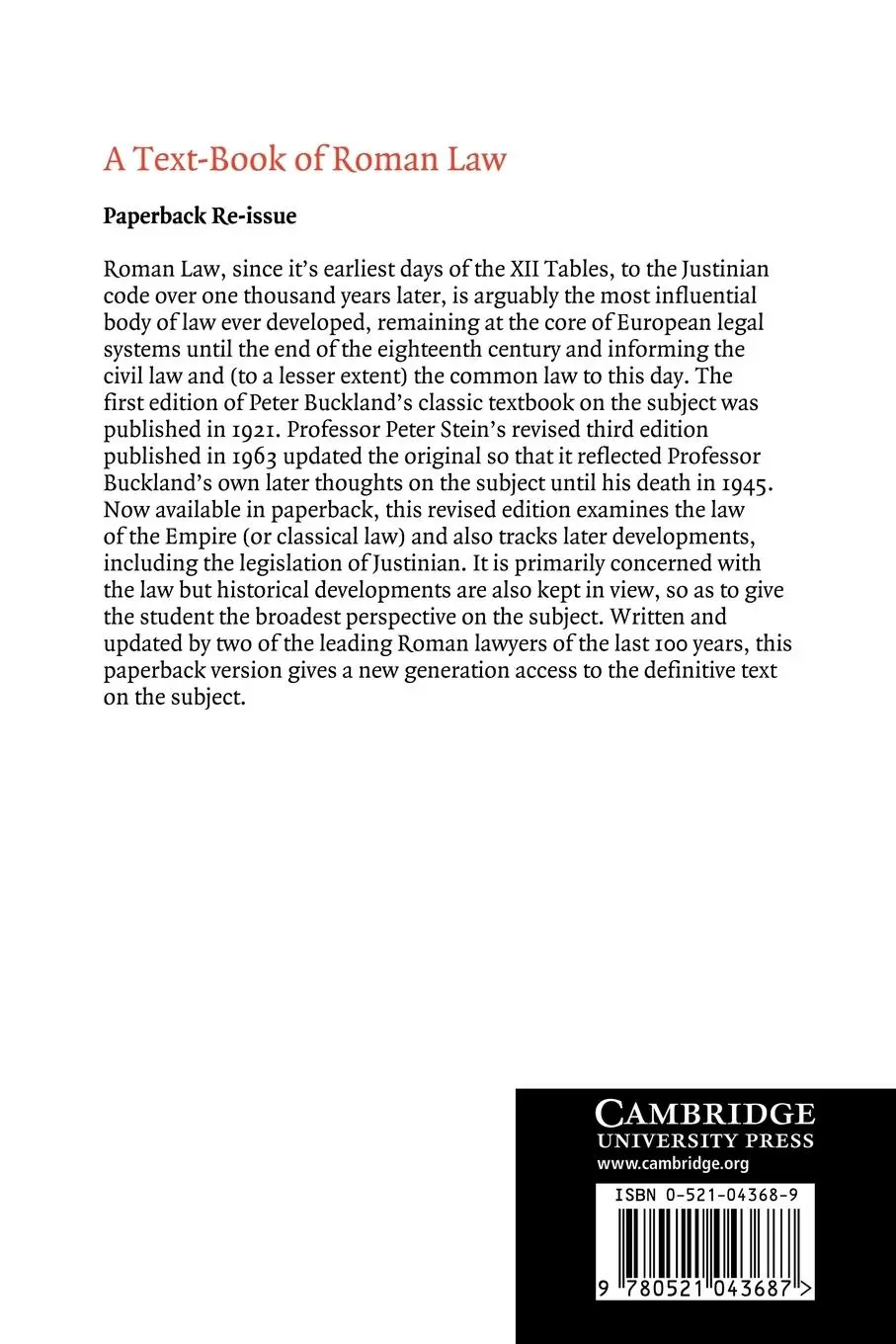 Rückseite: 9780521043687 | A Text-Book of Roman Law | From Augustus to Justinian | W. W. Buckland