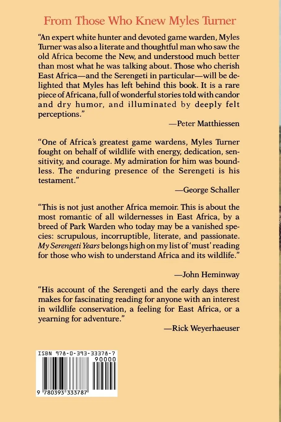 Rückseite: 9780393333787 | My Serengeti Years | The Memoirs of an African Game Warden | Turner