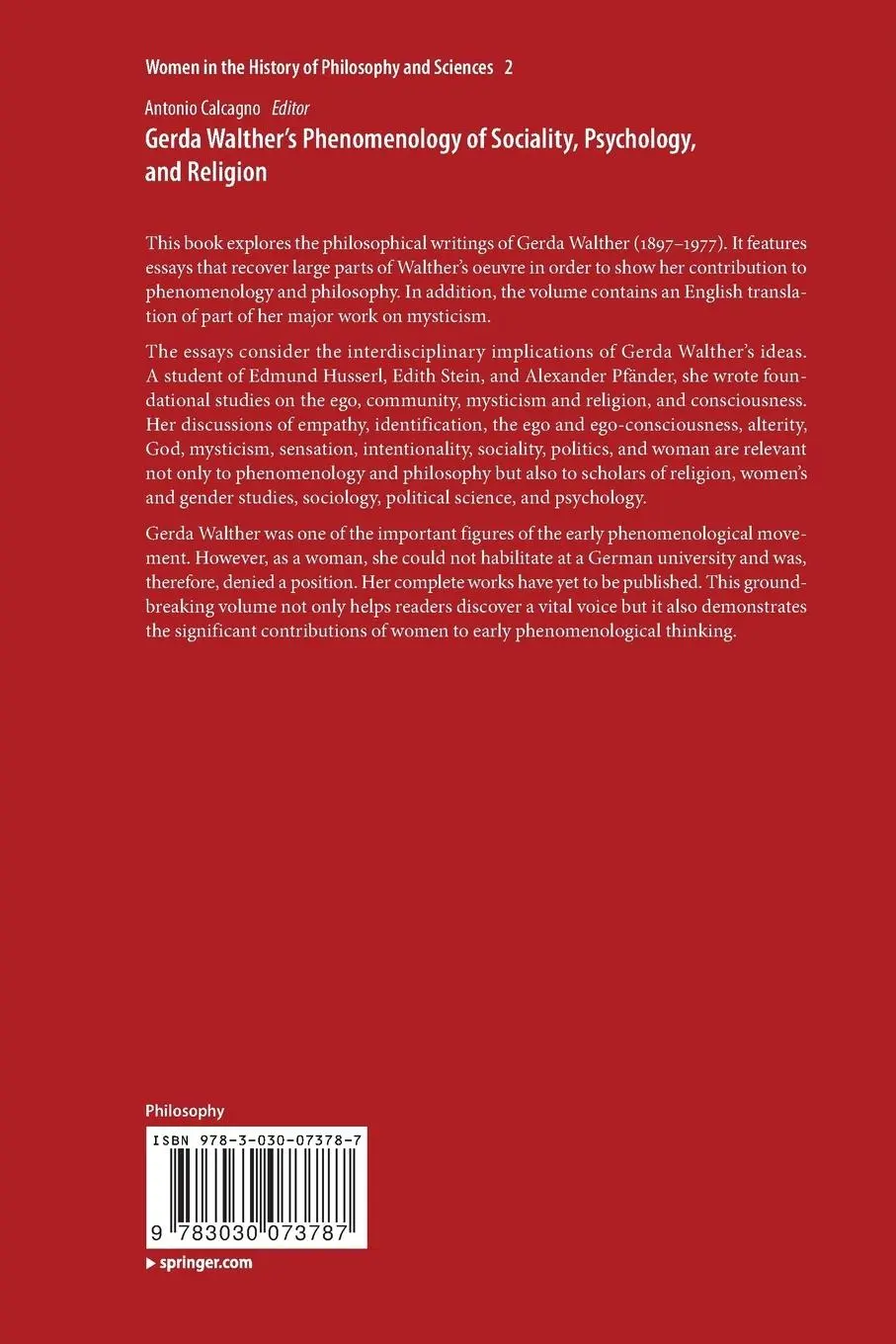 Rückseite: 9783030073787 | Gerda Walther's Phenomenology of Sociality, Psychology, and Religion