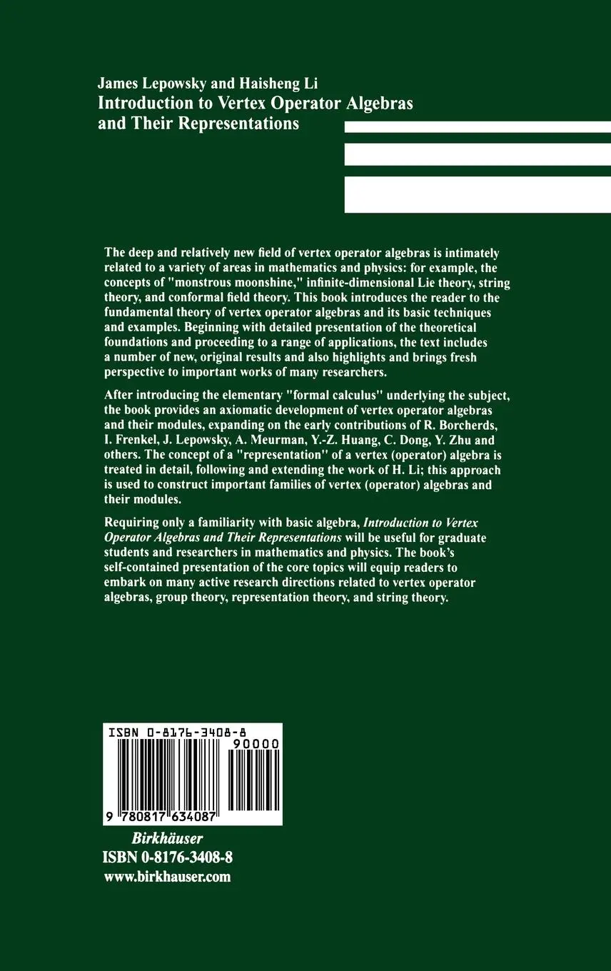 Rückseite: 9780817634087 | Introduction to Vertex Operator Algebras and Their Representations