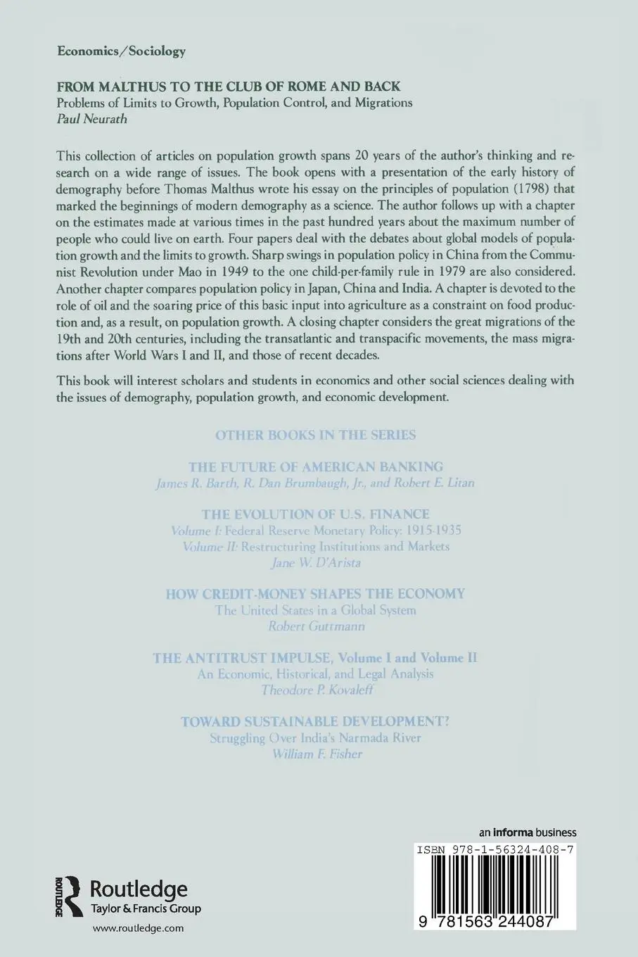 Rückseite: 9781563244087 | From Malthus to the Club of Rome and Back | Paul Neurath | Taschenbuch