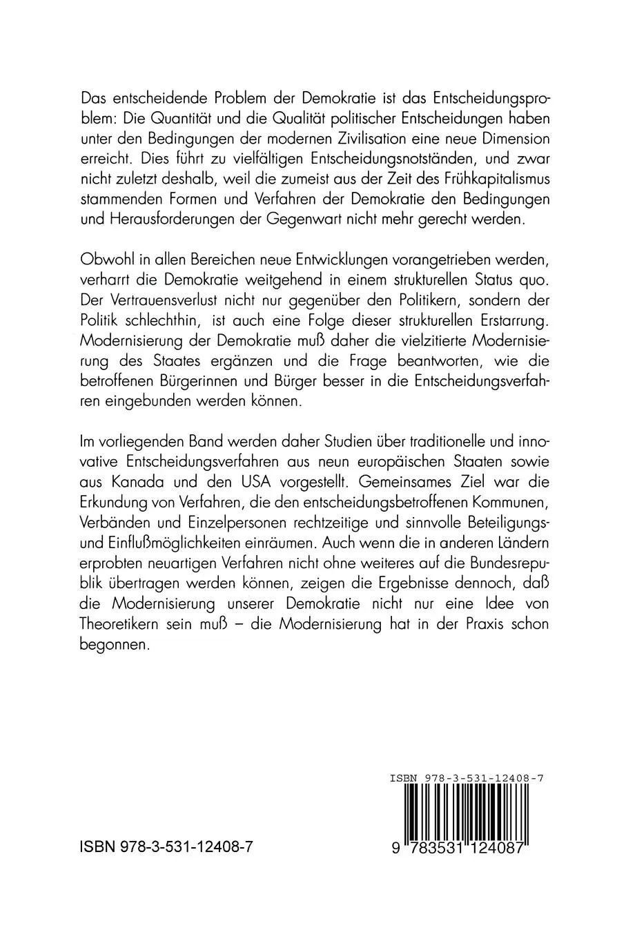 Rückseite: 9783531124087 | Die Modernisierung der Demokratie | Internationale Ansätze | Zilleßen