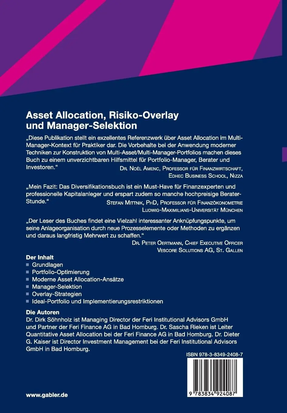 Rückseite: 9783834924087 | Asset Allocation, Risiko-Overlay und Manager-Selektion | Buch | 222 S.