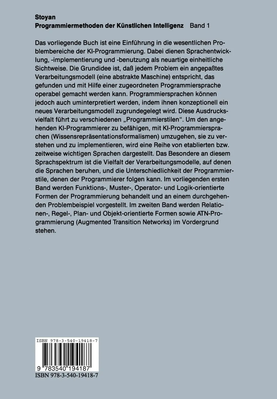 Rückseite: 9783540194187 | Programmiermethoden der Künstlichen Intelligenz | Band 1 | Stoyan | xv