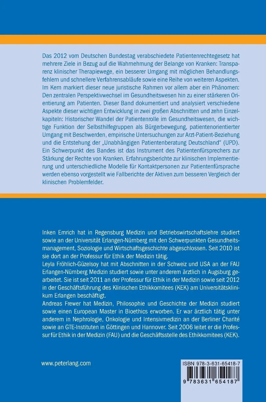 Rückseite: 9783631654187 | Ethik in der Medizin aus Patientensicht | Inken Emrich (u. a.) | Buch