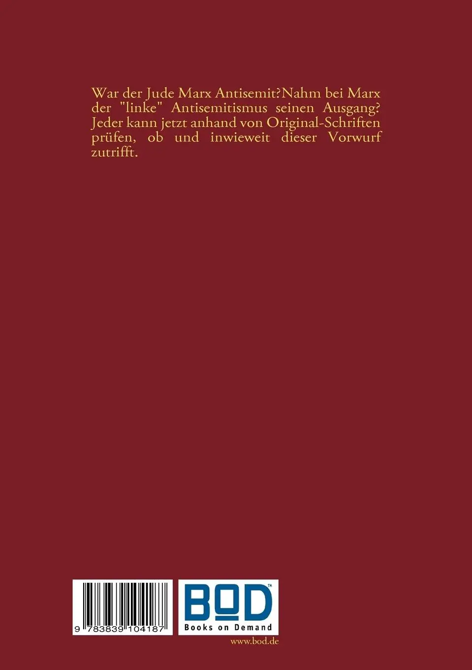 Rückseite: 9783839104187 | Zur Judenfrage | Karl Marx | Taschenbuch | 176 S. | Deutsch | 2009