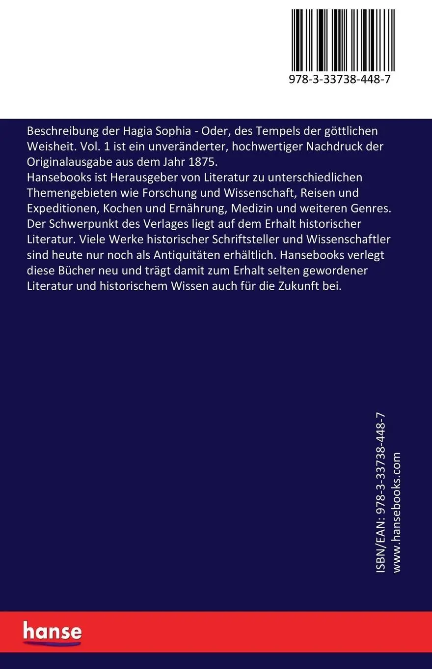 Rückseite: 9783337384487 | Beschreibung der Hagia Sophia | Johann Jacob Kreutzer | Taschenbuch