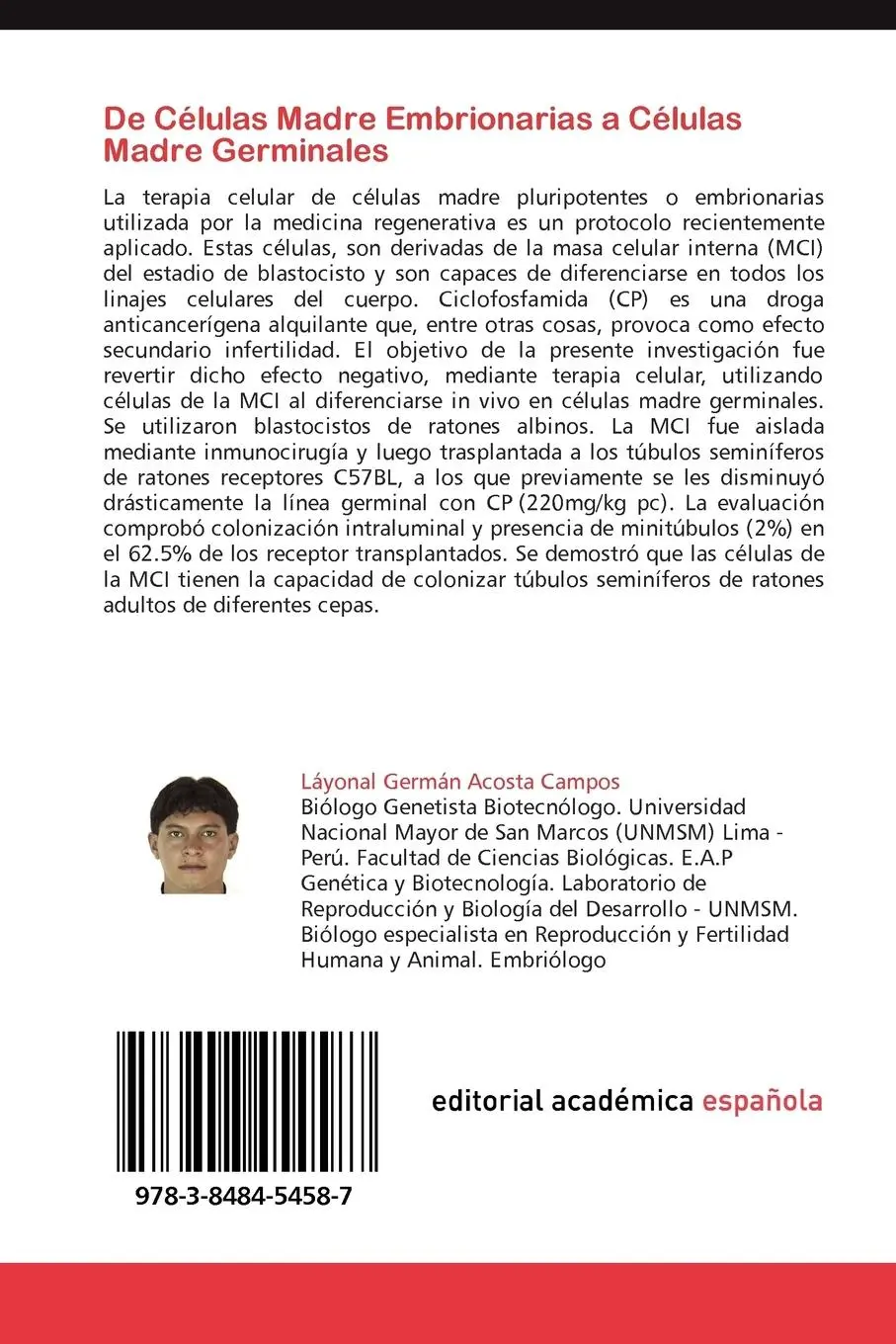 Rückseite: 9783848454587 | De Células Madre Embrionarias a Células Madre Germinales | Taschenbuch