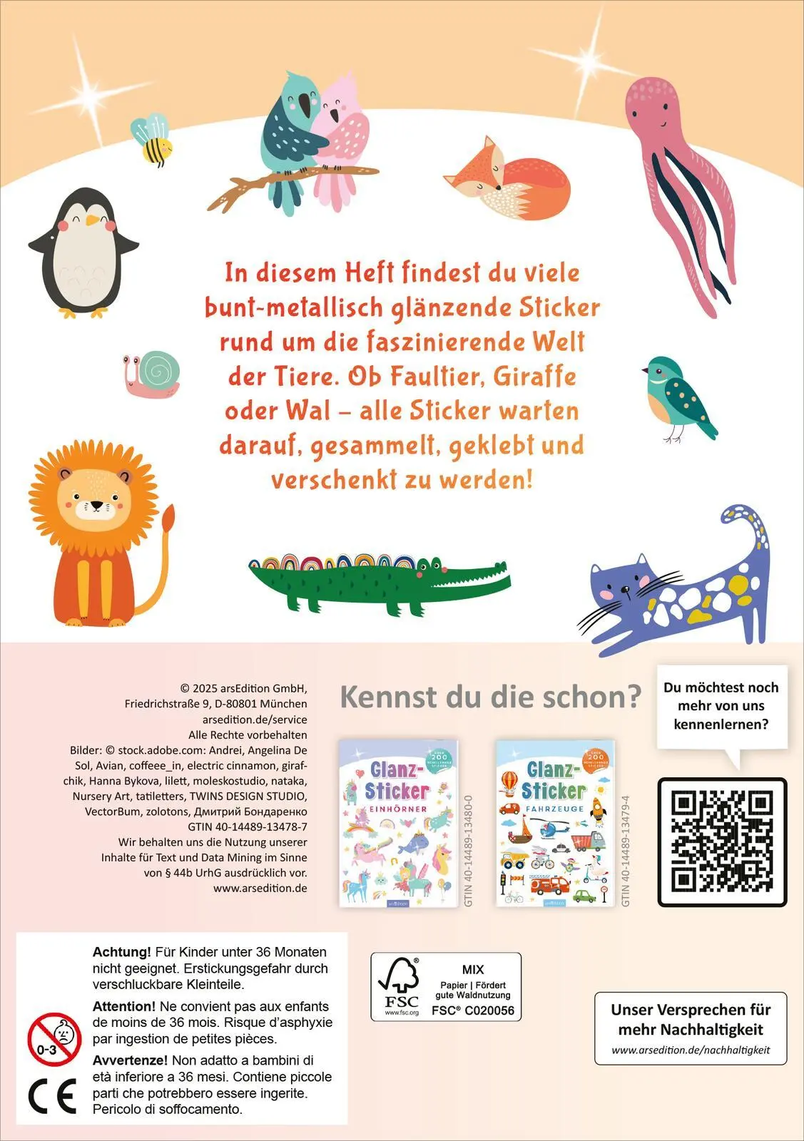 Rückseite: 4014489134787 | Glanz-Sticker - Tiere | Über 200 schillernde Sticker | Broschüre