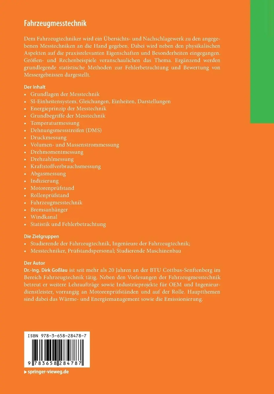 Rückseite: 9783658284787 | Fahrzeugmesstechnik | Dirk Goßlau | Taschenbuch | ix | Deutsch | 2020