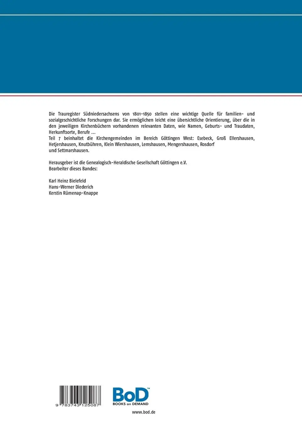 Rückseite: 9783743125087 | Trauregister aus den Kirchenbüchern Südniedersachsens 1801 - 1850 | V.