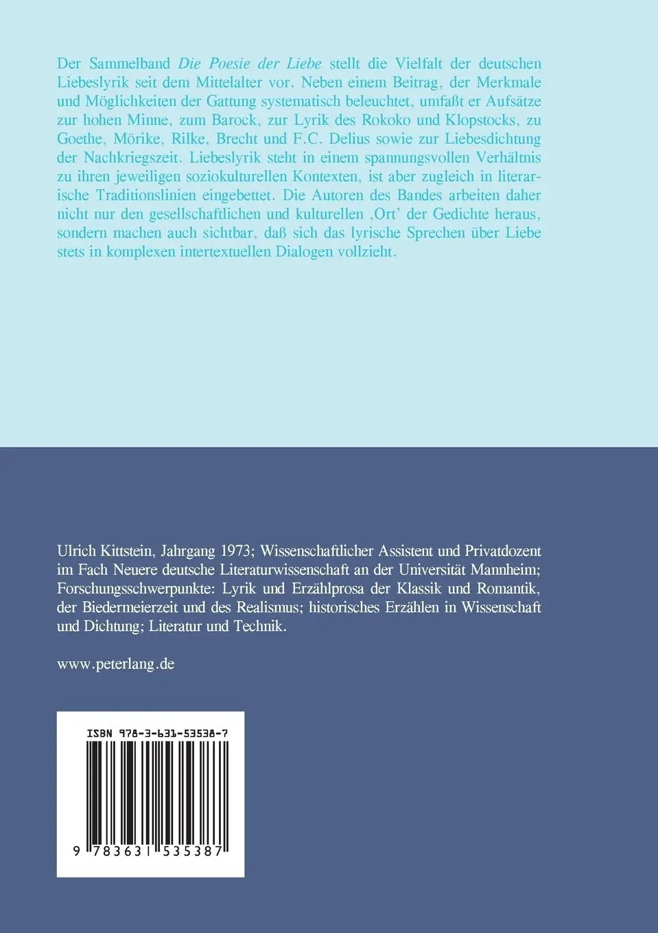 Rückseite: 9783631535387 | Die Poesie der Liebe | Aufsätze zur deutschen Liebeslyrik | Kittstein