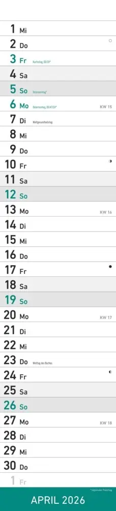 Bild: 4069095005587 | Alpha Edition - Streifenplaner Mint Kalender 2026 - 11,3x49,5 cm -...