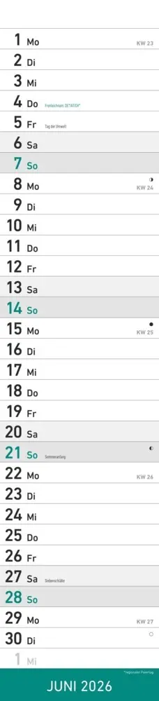 Bild: 4069095005587 | Alpha Edition - Streifenplaner Mint Kalender 2026 - 11,3x49,5 cm -...