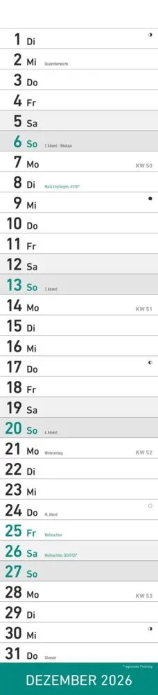 Bild: 4069095005587 | Alpha Edition - Streifenplaner Mint Kalender 2026 - 11,3x49,5 cm -...