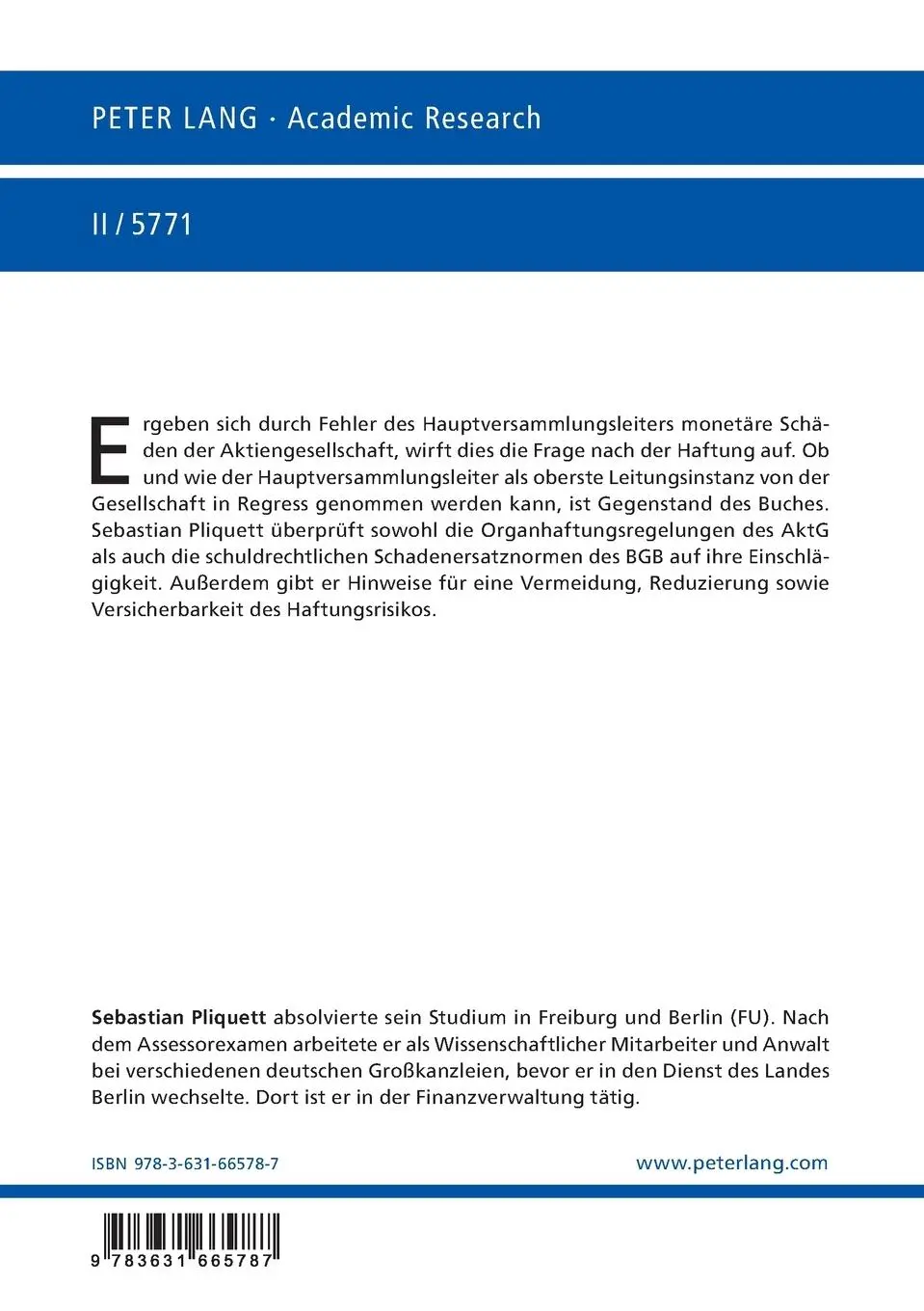 Rückseite: 9783631665787 | Die Haftung des Hauptversammlungsleiters | Sebastian Pliquett | Buch