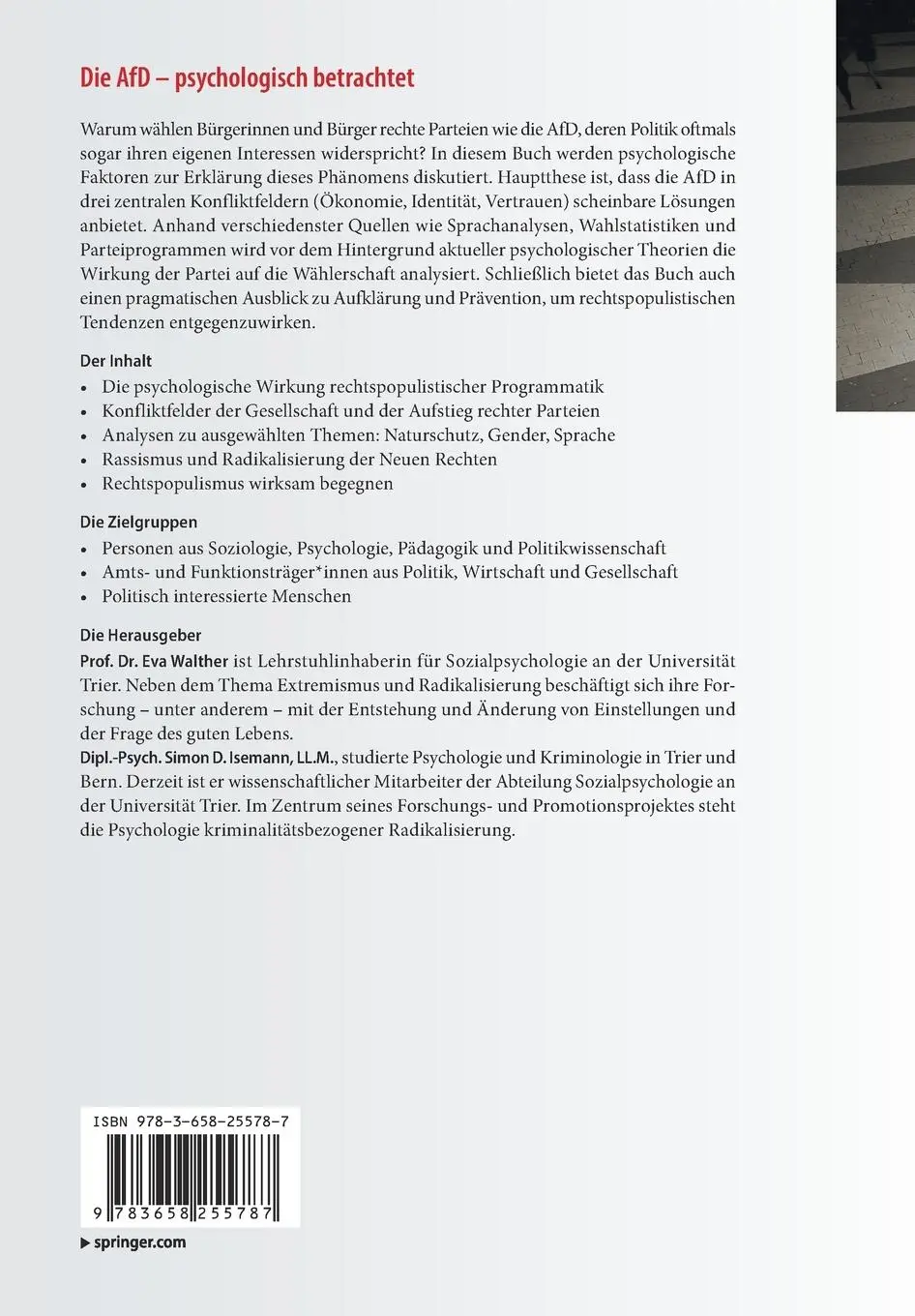 Rückseite: 9783658255787 | Die AfD - psychologisch betrachtet | Eva Walther (u. a.) | Taschenbuch