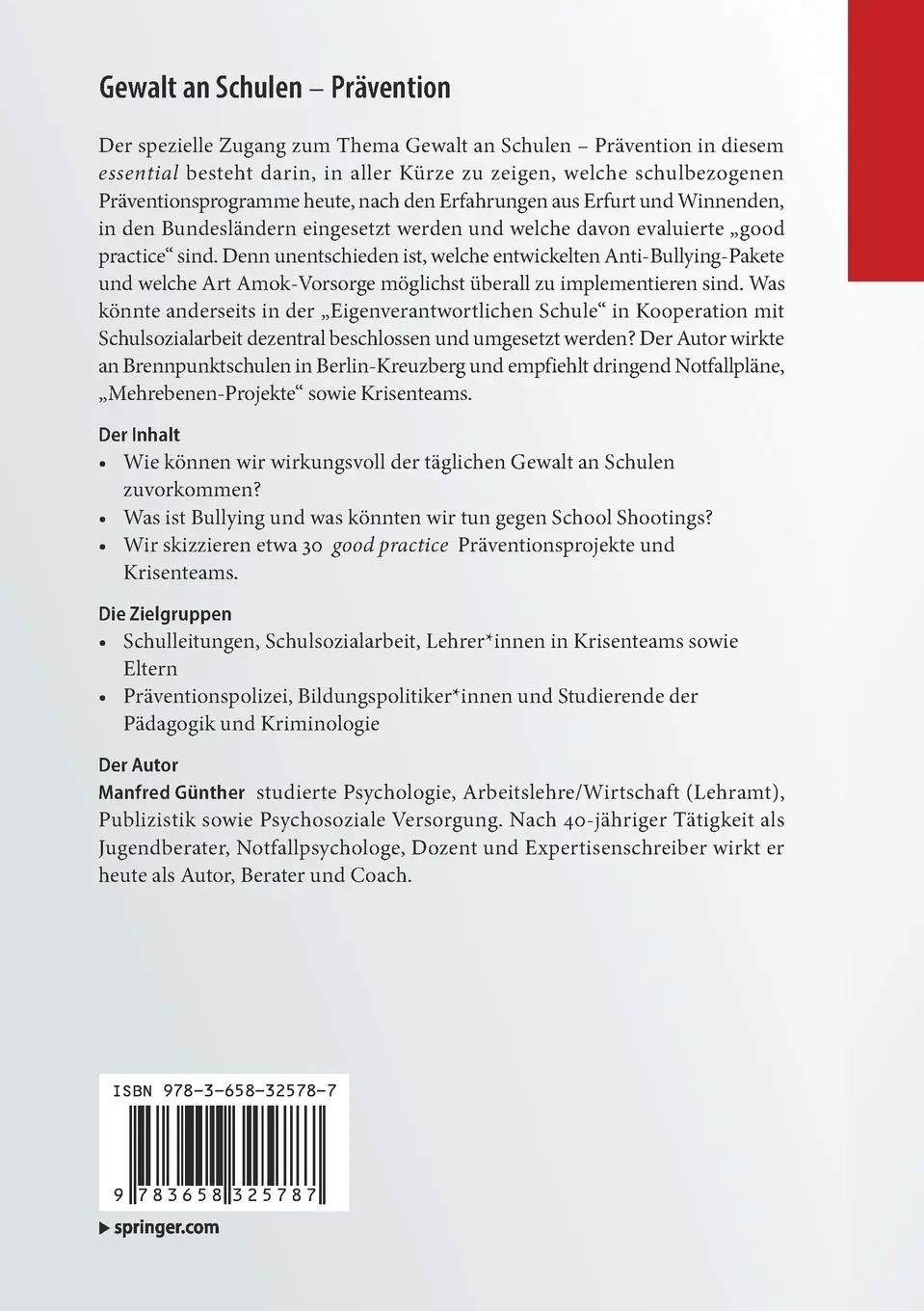 Rückseite: 9783658325787 | Gewalt an Schulen - Prävention | Manfred Günther | Taschenbuch | ix