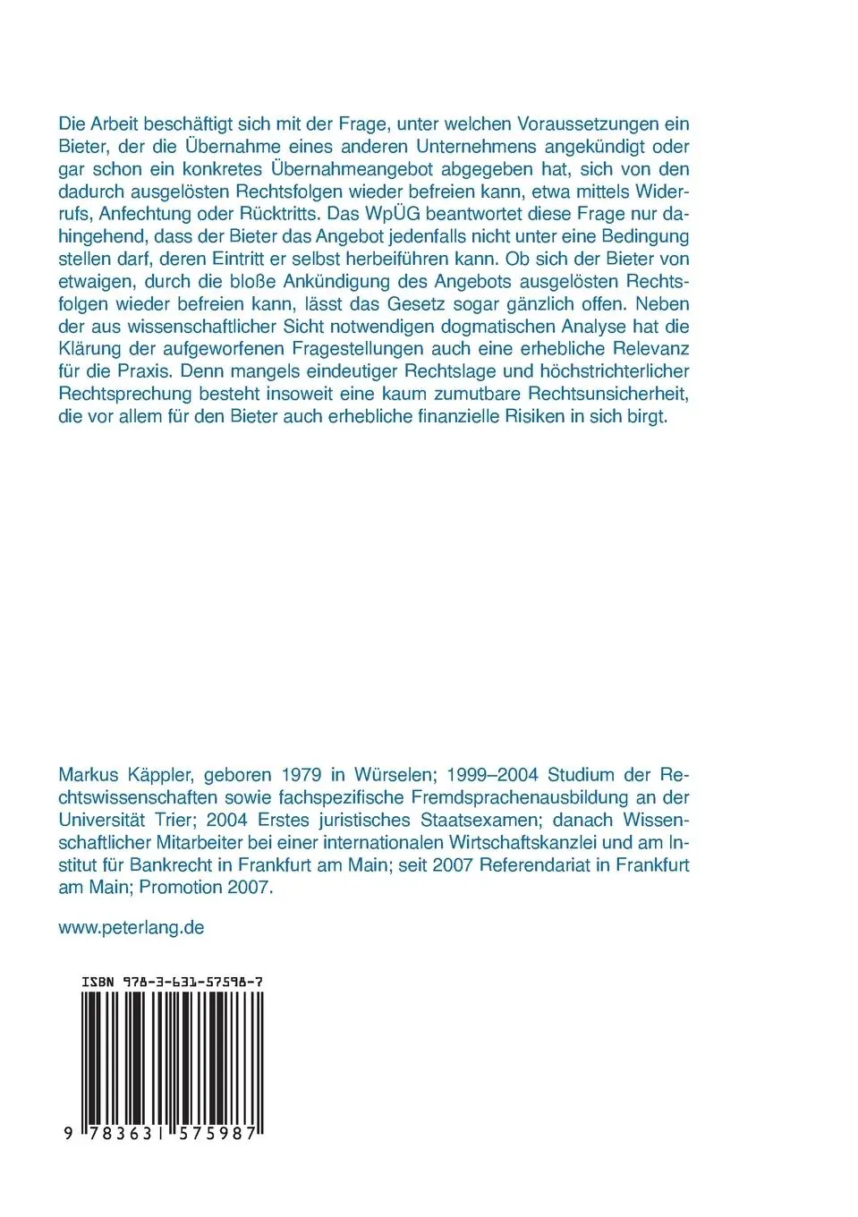 Rückseite: 9783631575987 | Die Rücknahme von Erwerbs- und Übernahmeangeboten nach dem WpÜG | Buch