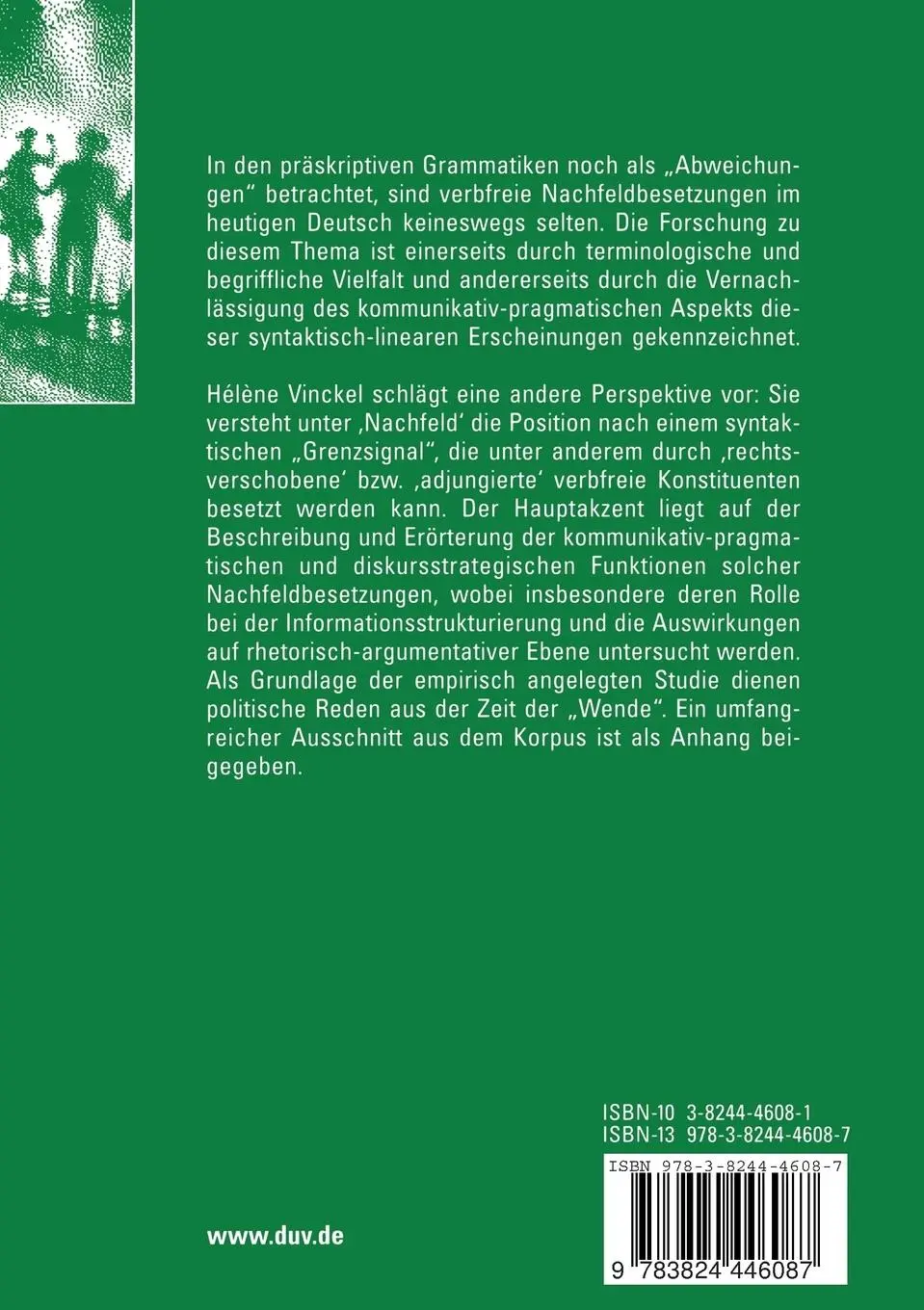 Rückseite: 9783824446087 | Die diskursstrategische Bedeutung des Nachfelds im Deutschen | Vinckel