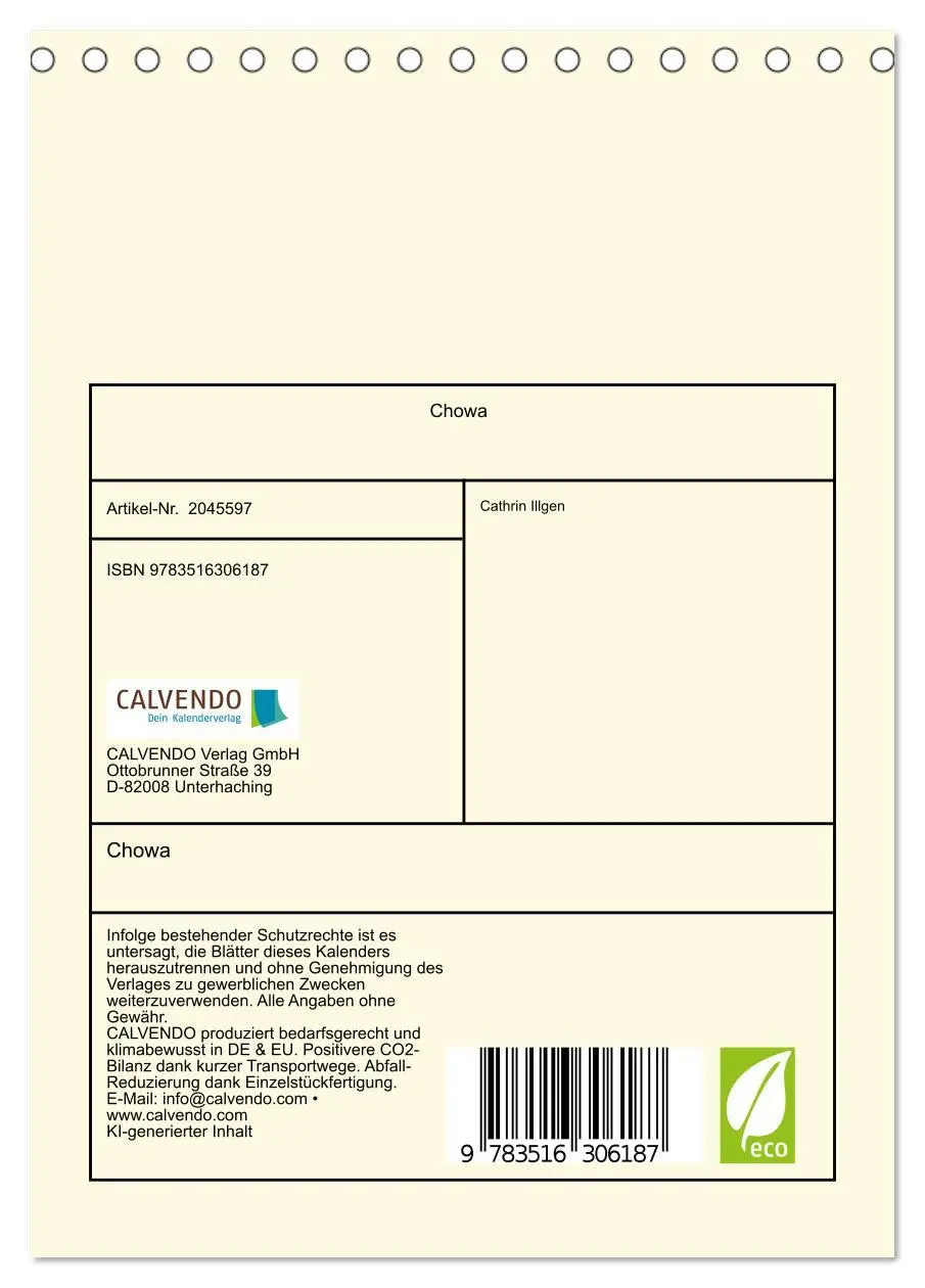 Bild: 9783516306187 | Chowa (Tischkalender 2026 DIN A5 hoch), CALVENDO Monatskalender | 2026