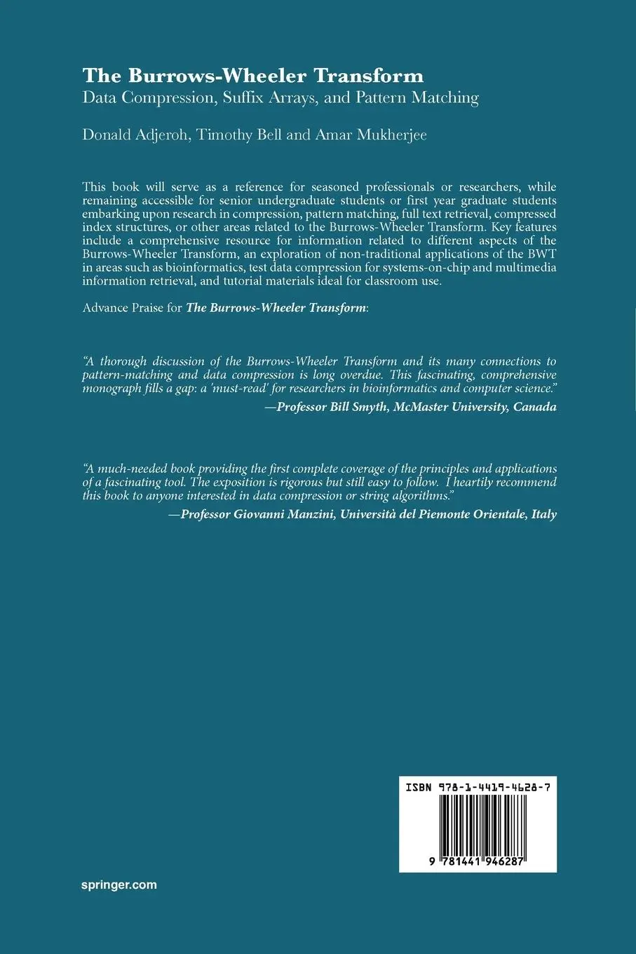 Rückseite: 9781441946287 | The Burrows-Wheeler Transform: | Donald Adjeroh (u. a.) | Taschenbuch