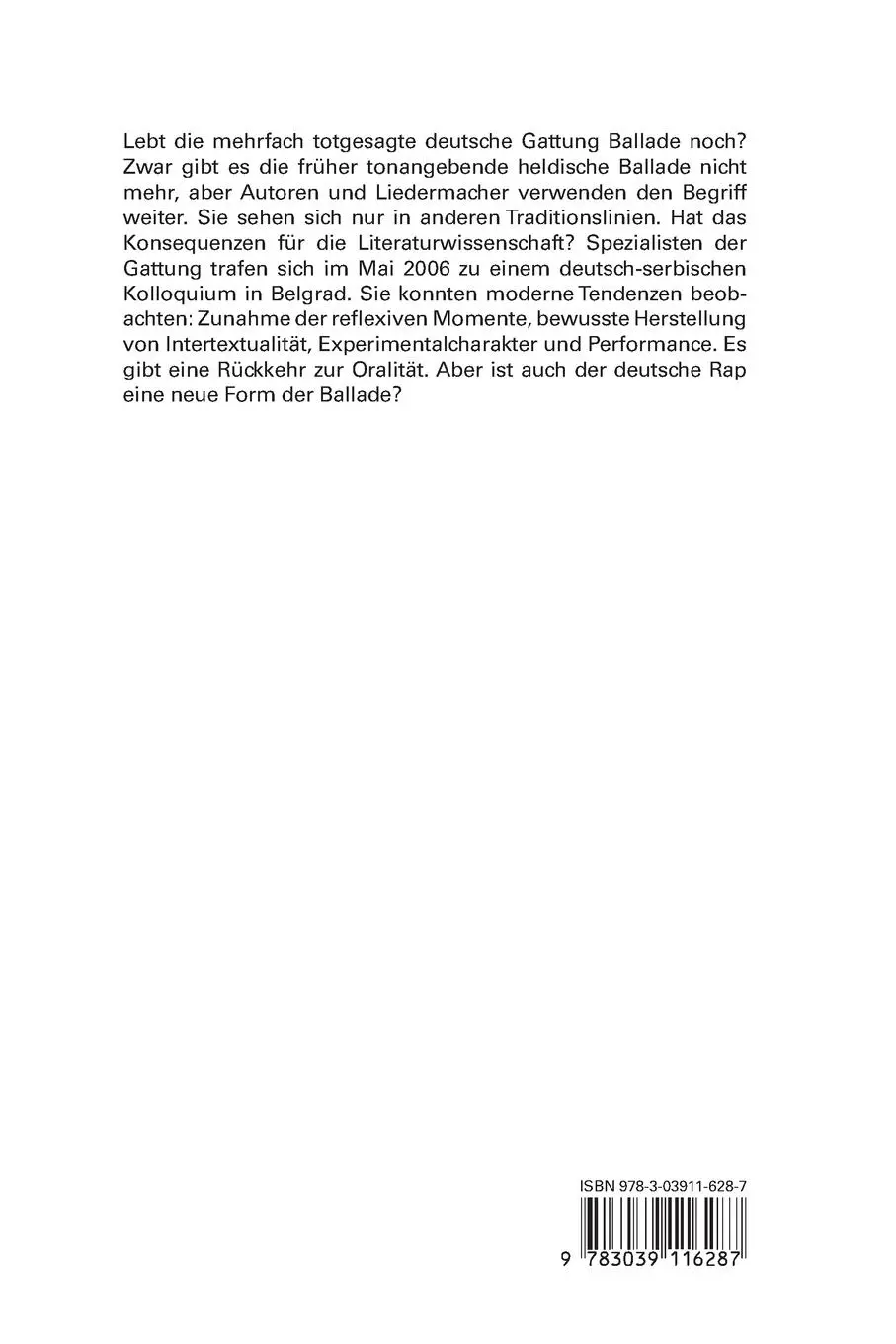 Rückseite: 9783039116287 | Die deutsche Ballade im 20. Jahrhundert | Winfried Woesler (u. a.)