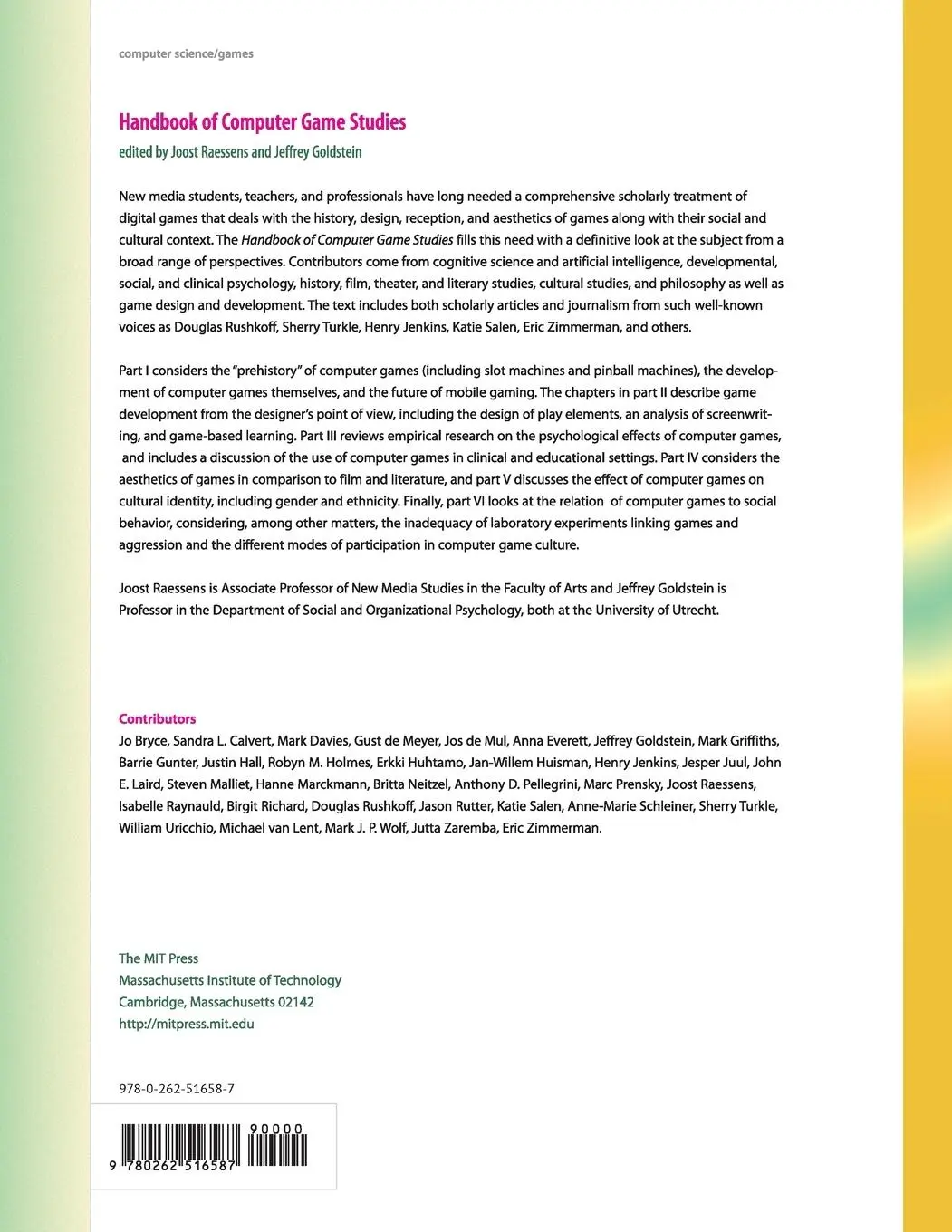 Rückseite: 9780262516587 | Handbook of Computer Game Studies | Joost Raessens (u. a.) | Buch