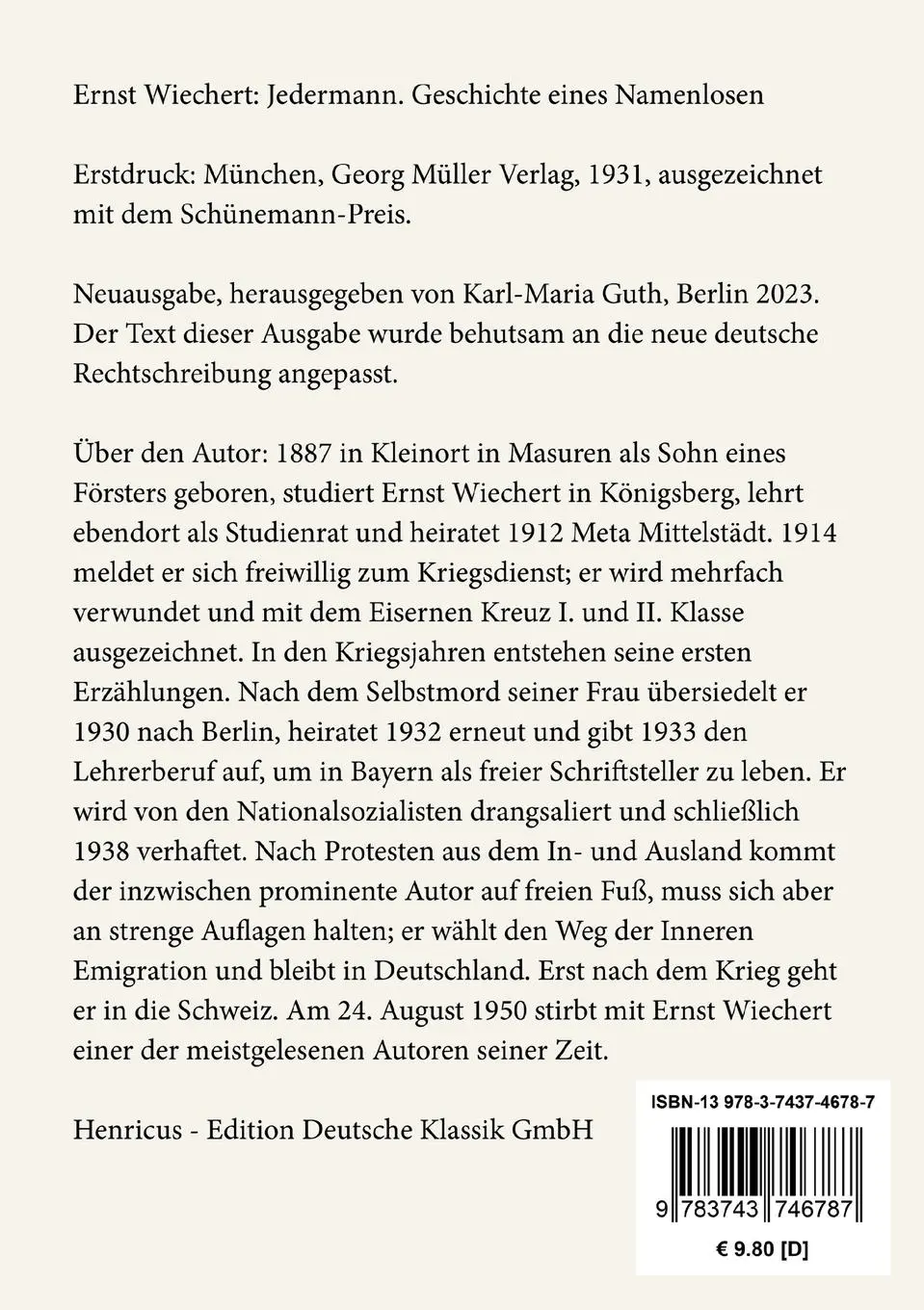 Rückseite: 9783743746787 | Jedermann | Geschichte eines Namenlosen | Ernst Wiechert | Taschenbuch