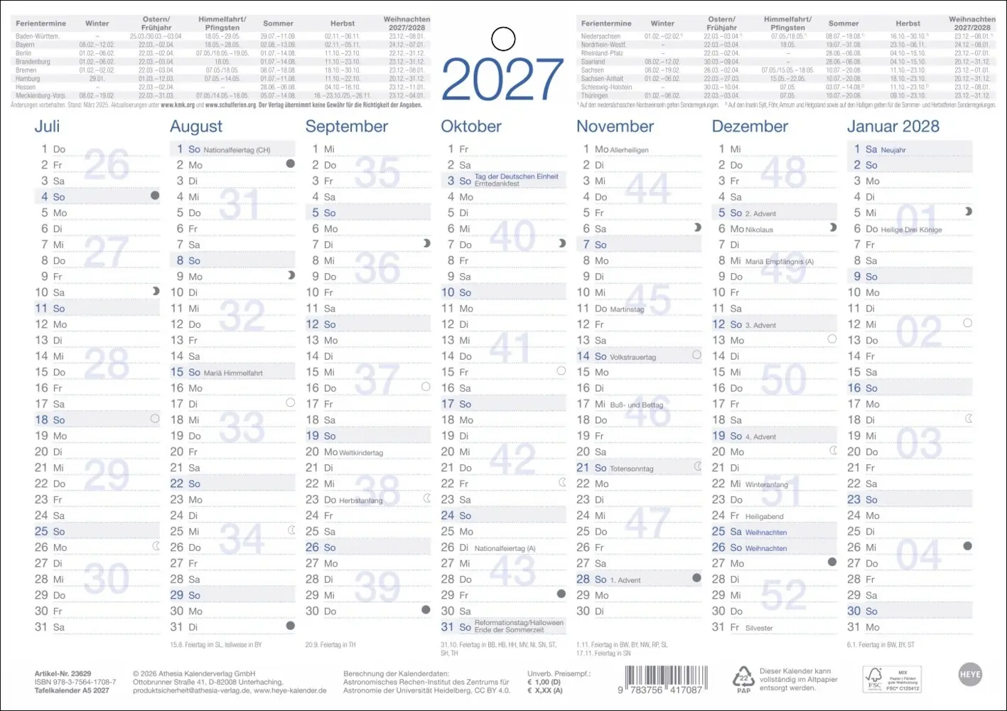 Bild: 9783756417087 | Tafelkalender A5 2027 | Kalender | Loseblatt-Ausgabe | 2 S. | Deutsch