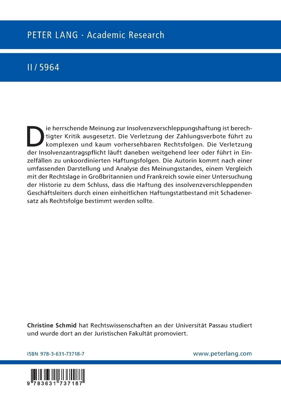 Rückseite: 9783631737187 | Haftung der Geschäftsleiter insolventer Gesellschaften für die...