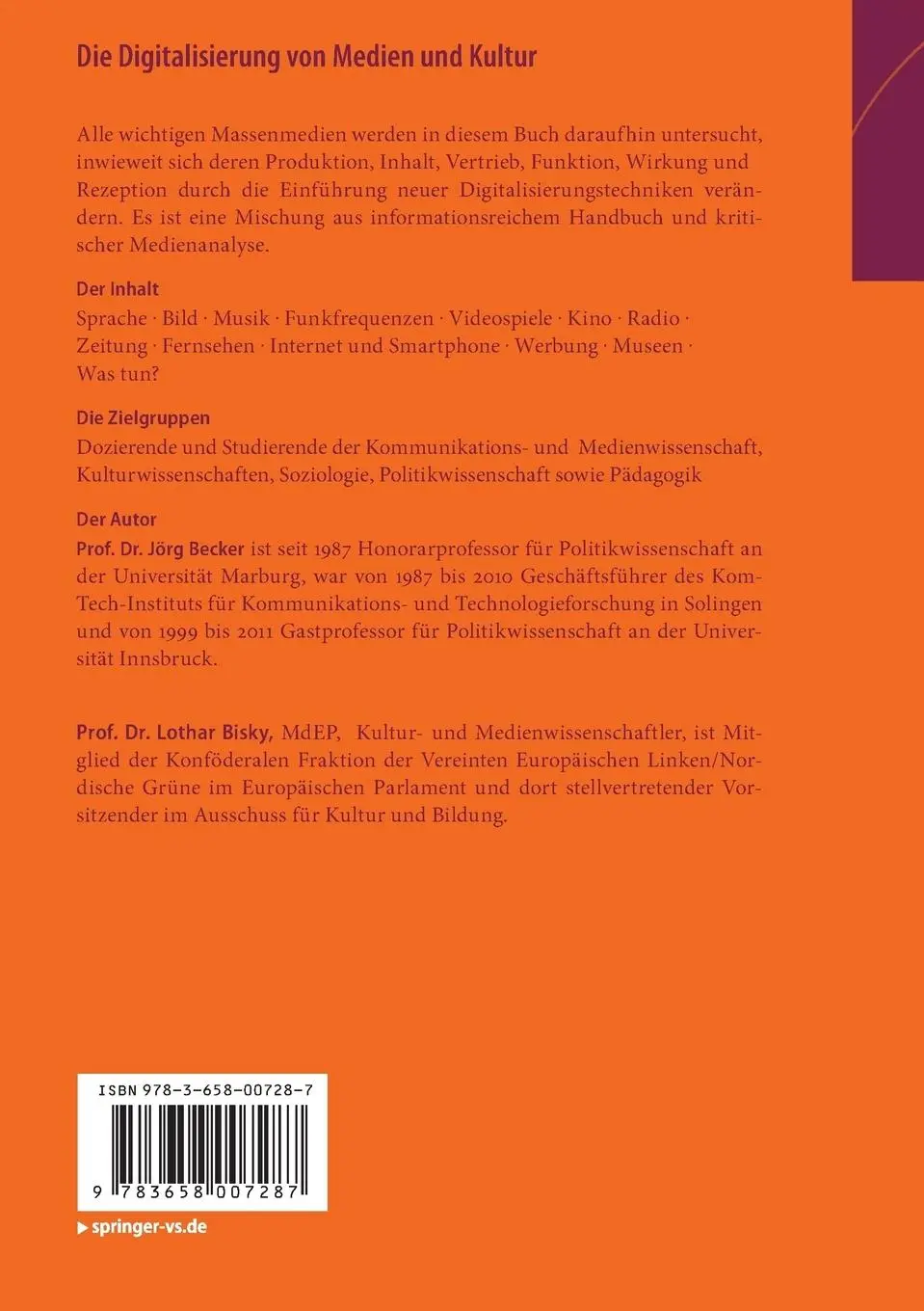 Rückseite: 9783658007287 | Die Digitalisierung von Medien und Kultur | Jörg Becker | Taschenbuch