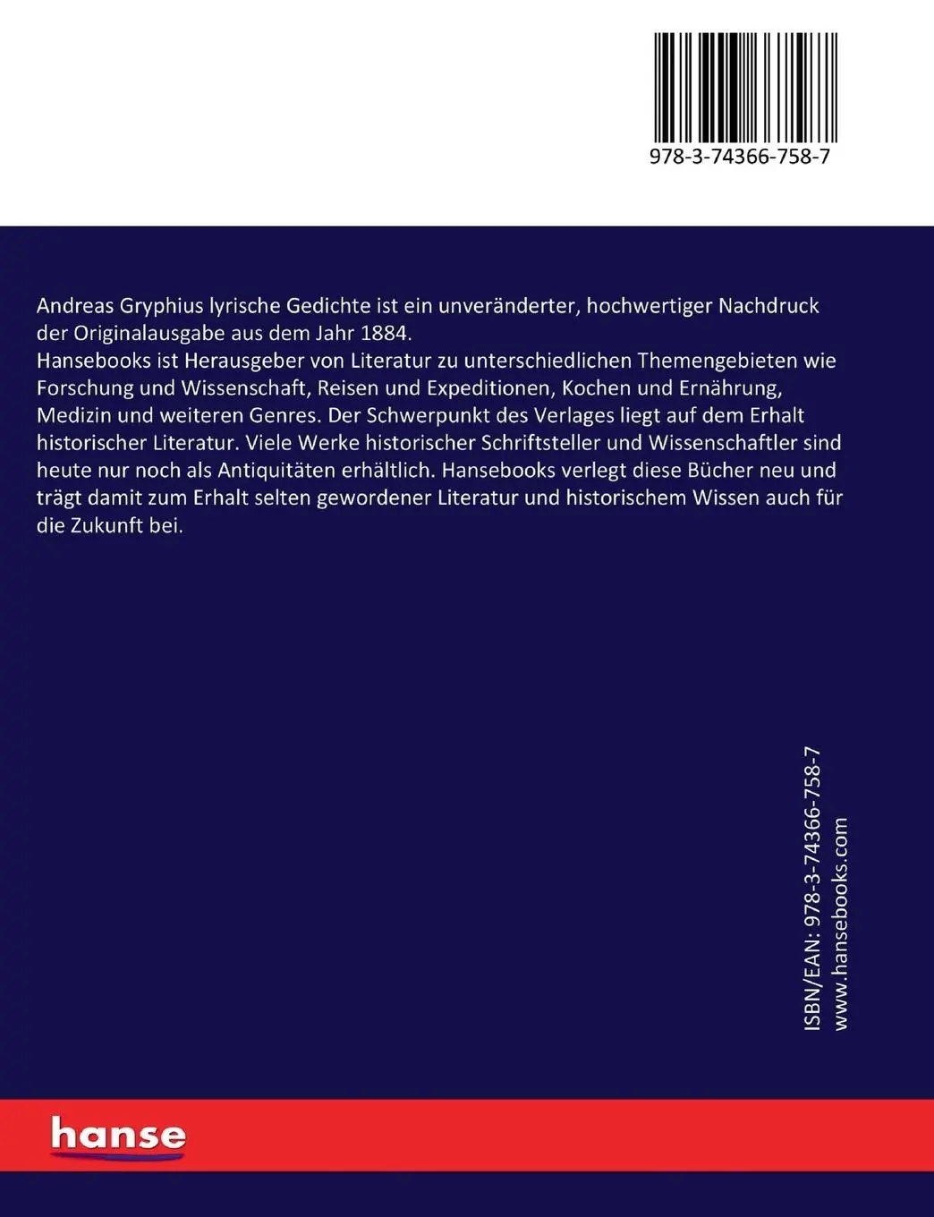 Rückseite: 9783743667587 | Andreas Gryphius lyrische Gedichte | Andreas Gryphius (u. a.) | Buch