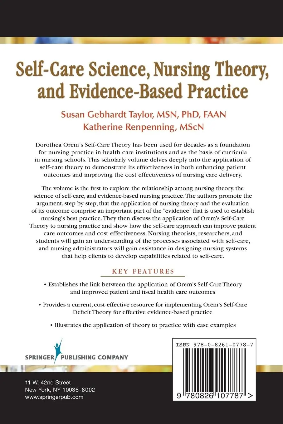 Rückseite: 9780826107787 | Self-Care Science, Nursing Theory and Evidence-Based Practice | Buch