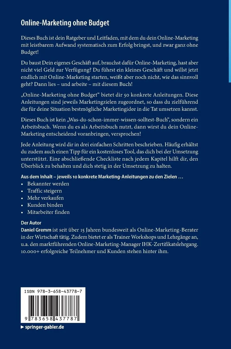 Rückseite: 9783658437787 | Online-Marketing ohne Budget | Daniel Gremm | Buch | xvii | Deutsch