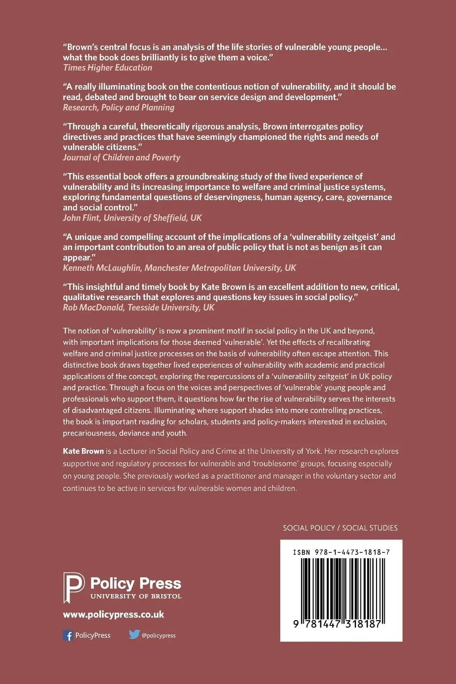 Rückseite: 9781447318187 | Vulnerability and young people | Kate Brown | Taschenbuch | Englisch