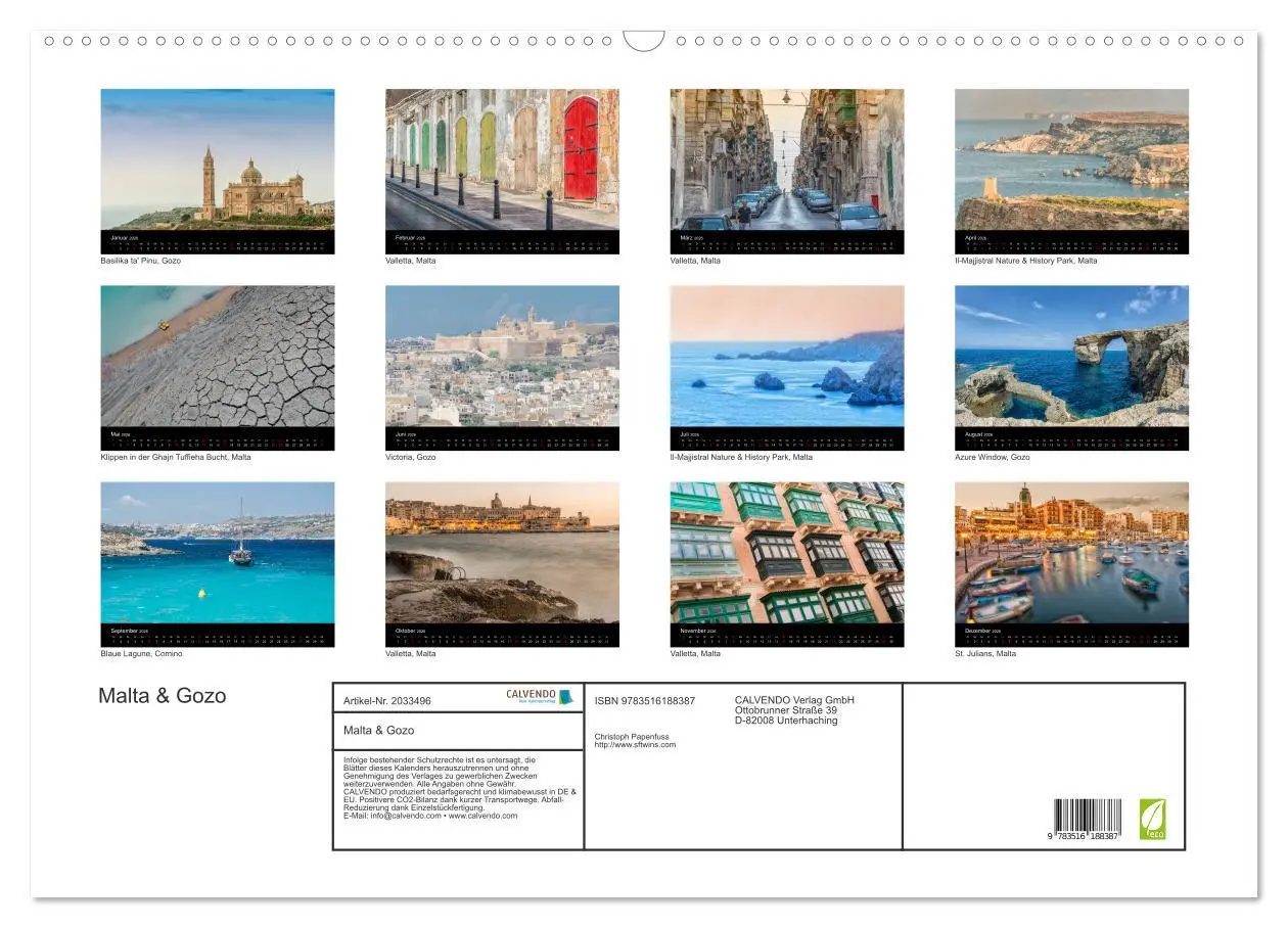 Bild: 9783516188387 | Malta &amp; Gozo (Wandkalender 2026 DIN A2 quer), CALVENDO Monatskalender
