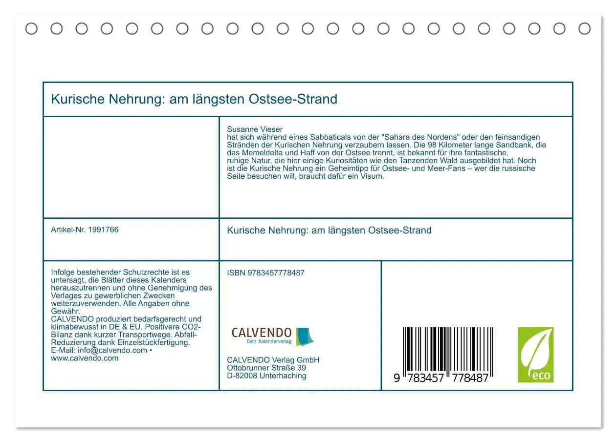 Bild: 9783457778487 | Kurische Nehrung: am längsten Ostsee-Strand (Tischkalender 2026 DIN...