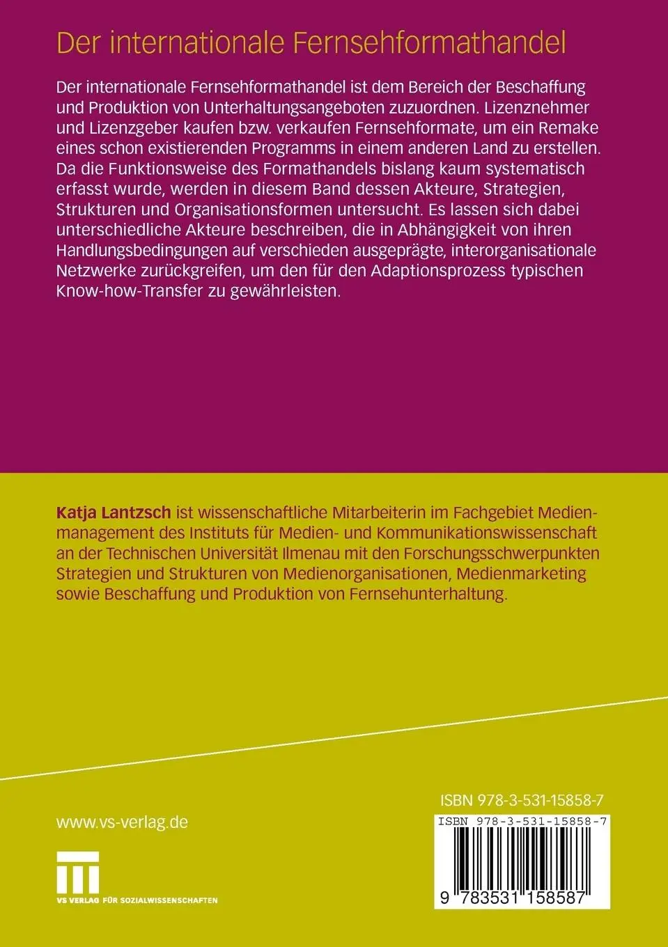 Rückseite: 9783531158587 | Der internationale Fernsehformathandel | Katja Lantzsch | Taschenbuch