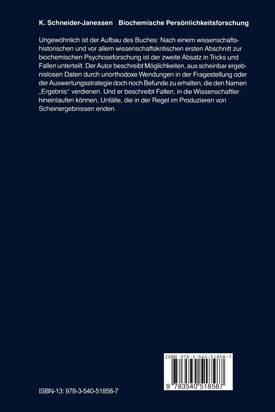 Rückseite: 9783540518587 | Biochemische Persönlichkeitsforschung | Karlheinz Schneider-Janessen
