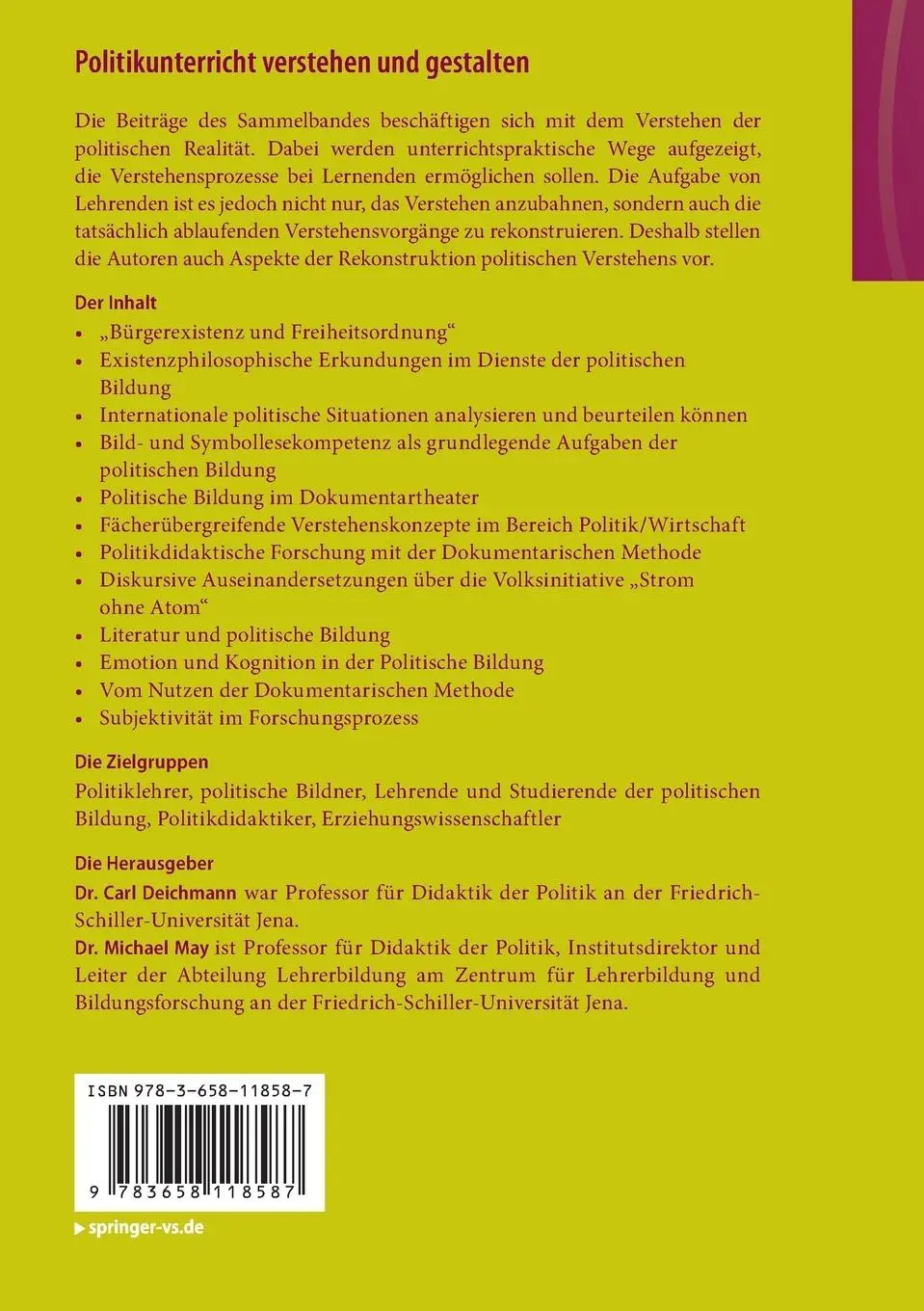 Rückseite: 9783658118587 | Politikunterricht verstehen und gestalten | Michael May (u. a.) | Buch
