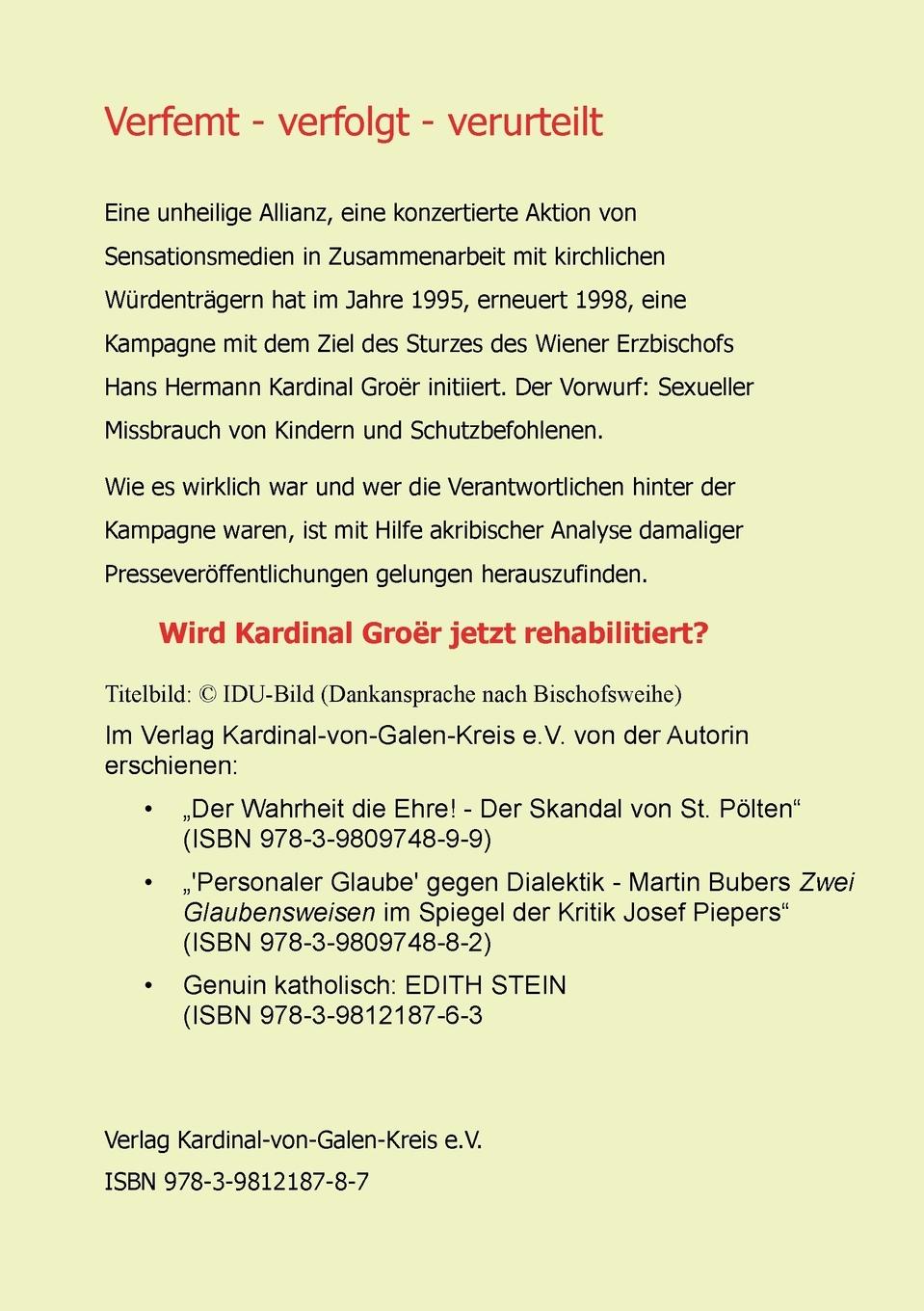Rückseite: 9783981218787 | Hans Hermann Kardinal Groër | Realität und Mythos | Gabriele Waste