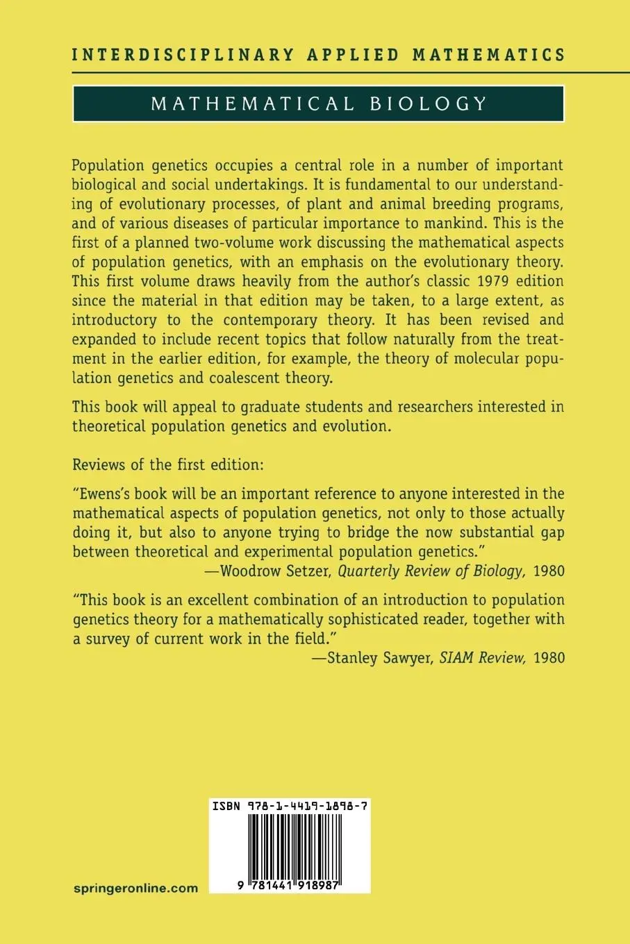 Rückseite: 9781441918987 | Mathematical Population Genetics 1 | Theoretical Introduction | Ewens