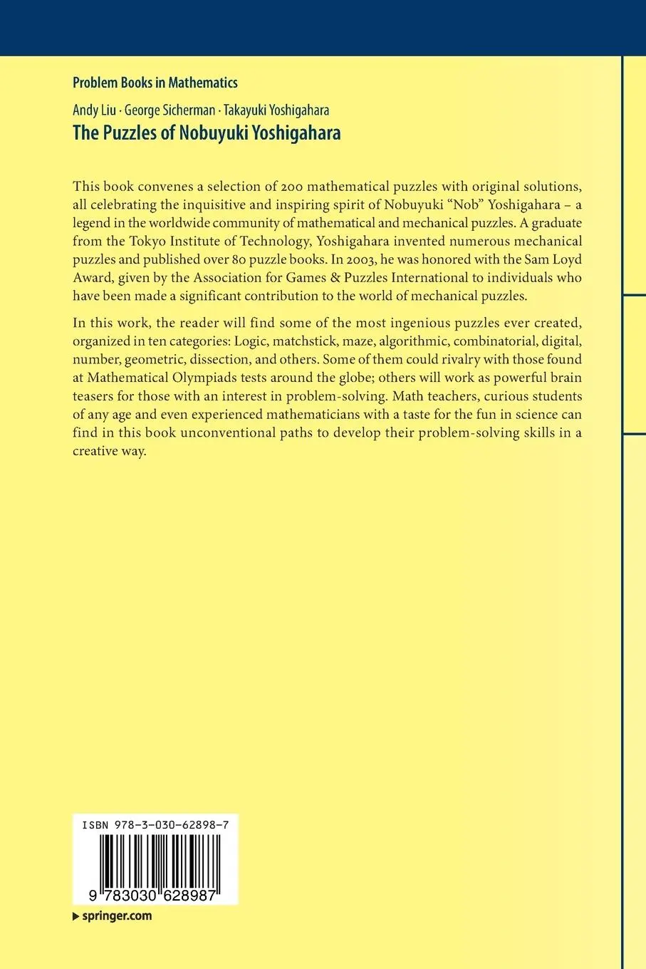 Rückseite: 9783030628987 | The Puzzles of Nobuyuki Yoshigahara | Andy Liu (u. a.) | Taschenbuch